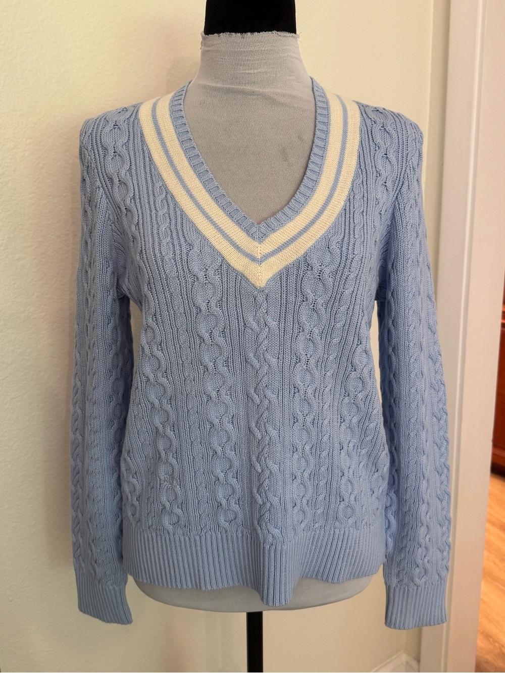 Ralph Lauren Light Blue Cable Knit V-Neck Sweater with Cream Stripes